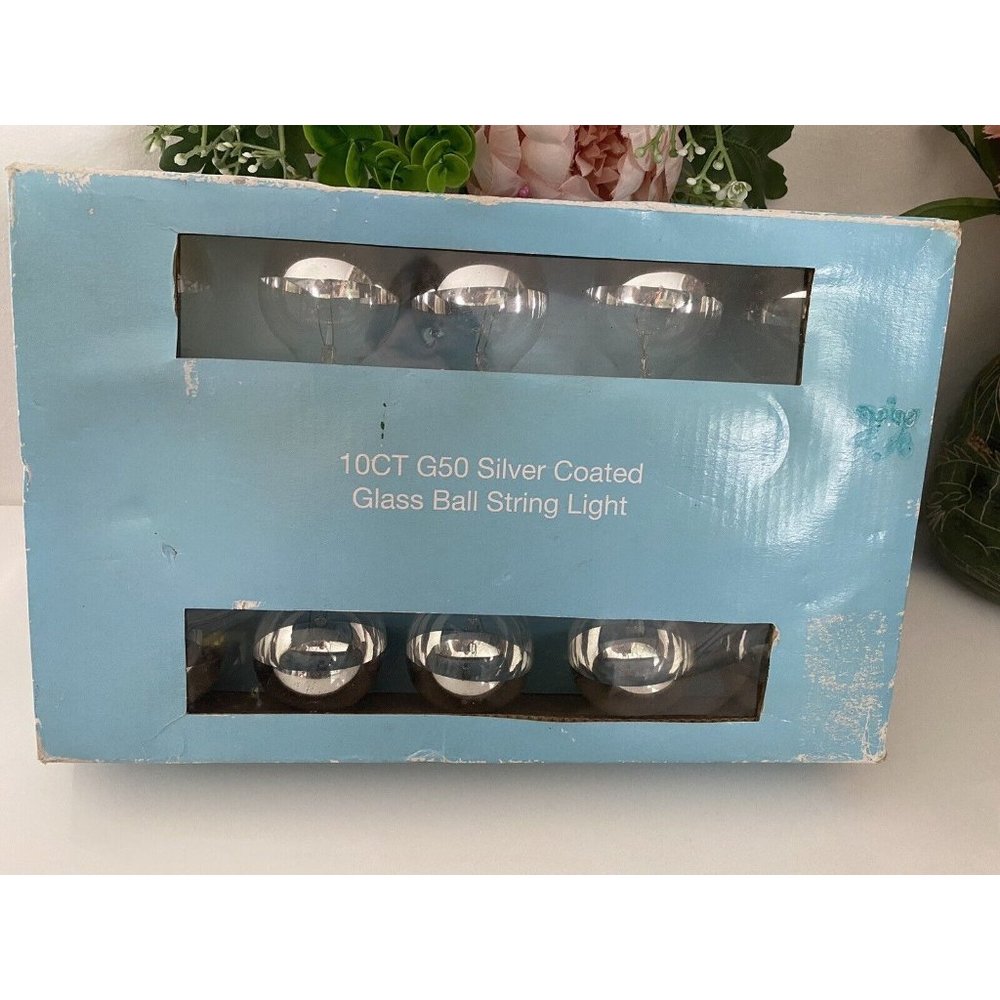 10Ct G Silver Coated Mercury Glass Type Ball String Lights Indoor‎ Outdoor New